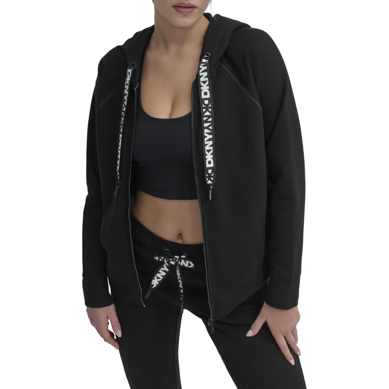 DKNY Women's Logo Drawstring Full Zip Fleece Hoodie, Black, Large