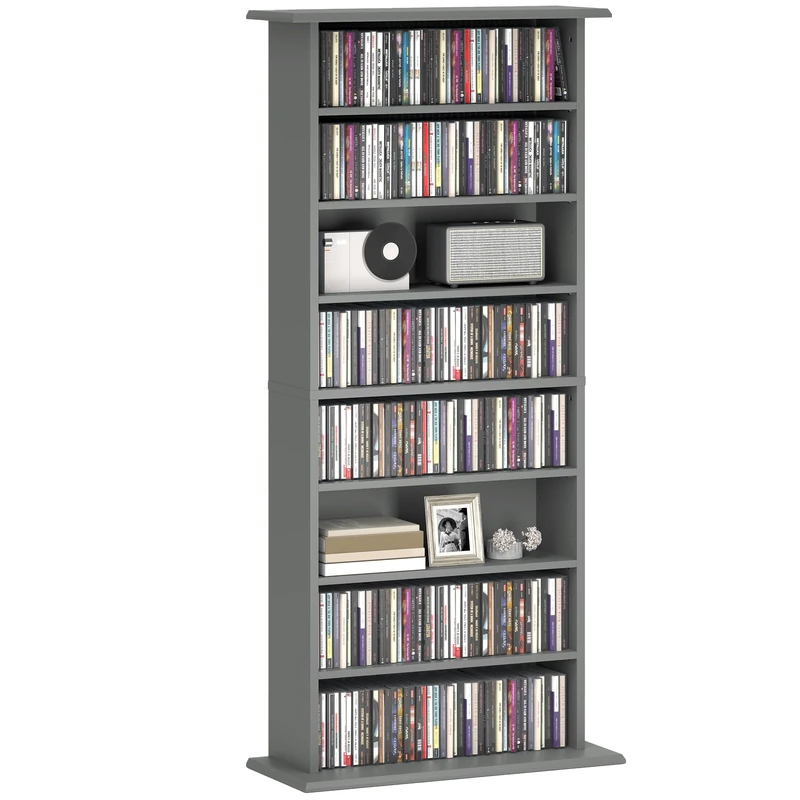 HOMCOM 360 CD/185 DVD Storage Unit, 185 Blu-ray Media Storage Shelf with 8 Compartments and 6 Adjustable Shelves, CD Tower for Living Room, Bedroom, Office, Grey
