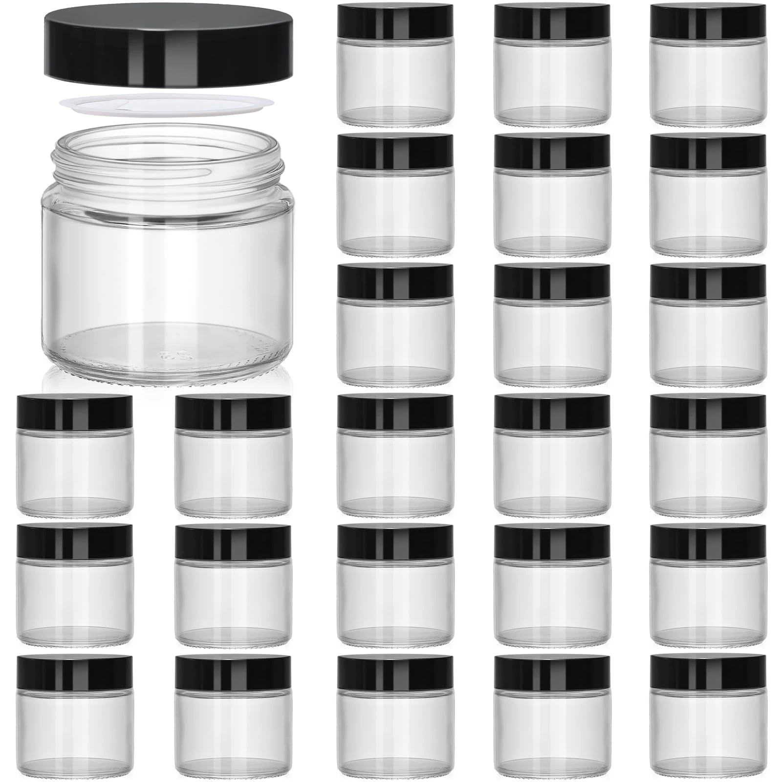 UPBUD 60 ml Clear Glass Jars with Lids - 24 Pack Leakproof Cosmetic Containers with Inner Liners, Wide-Round Smooth Mouth, Sealable for Creams, Lotions, Essential Oils, Body Butter, Travel Samples