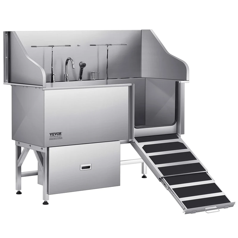 VEVOR Stainless Steel Dog Washing Station, 154.94 cm Pet Grooming Tub w/Ramp, Water Filter Board, Faucet & Showerhead & Leash Dog Bathtub for Large & Medium & Small Pets (Right Door)