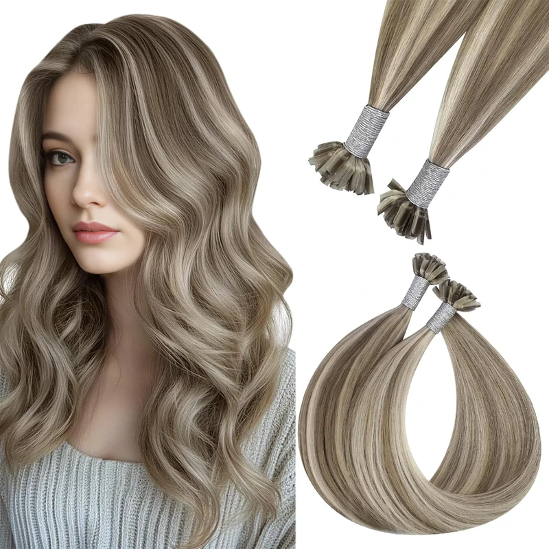 Easyouth U Tip Human Hair Extensions Highlight 22Inch Fusion U Tip Hair Extension Human Hair Ash Brown Mix Platinum Blonde Hair Extension Utip Blonde Highlight Keratin KTip Hair Extensions 1G/S 50G