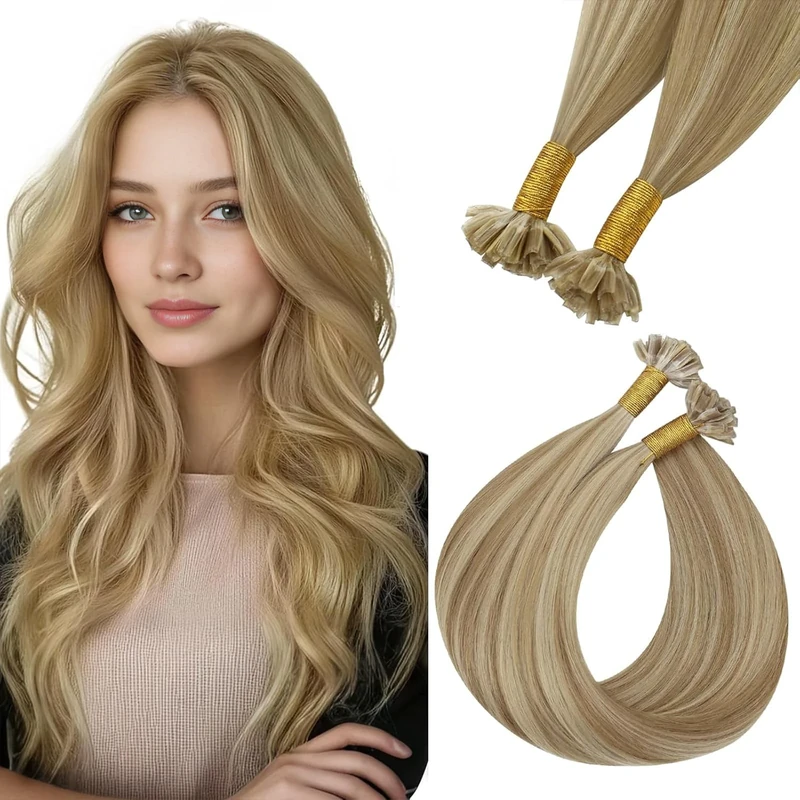 Easyouth U Tip Human Hair Extensions Blonde Highlight U Tip Hair Extensions Human Hair Light Blonde with Golden Nail Tip Hair Extensions Add Length and Volume 50g/50s #16/22 22 Inch