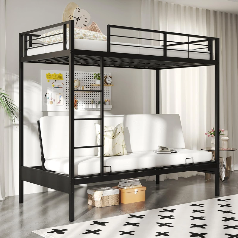 RELAX4LIFE Metal Bunk Bed, Single Over Futon Loft Bed Frame with Ladder, Full-length Guardrails and Under-Bed Storage, Convertible Sofa Couch Space Saving Slatted High Sleeper for Teens Adults, Black - Image 1