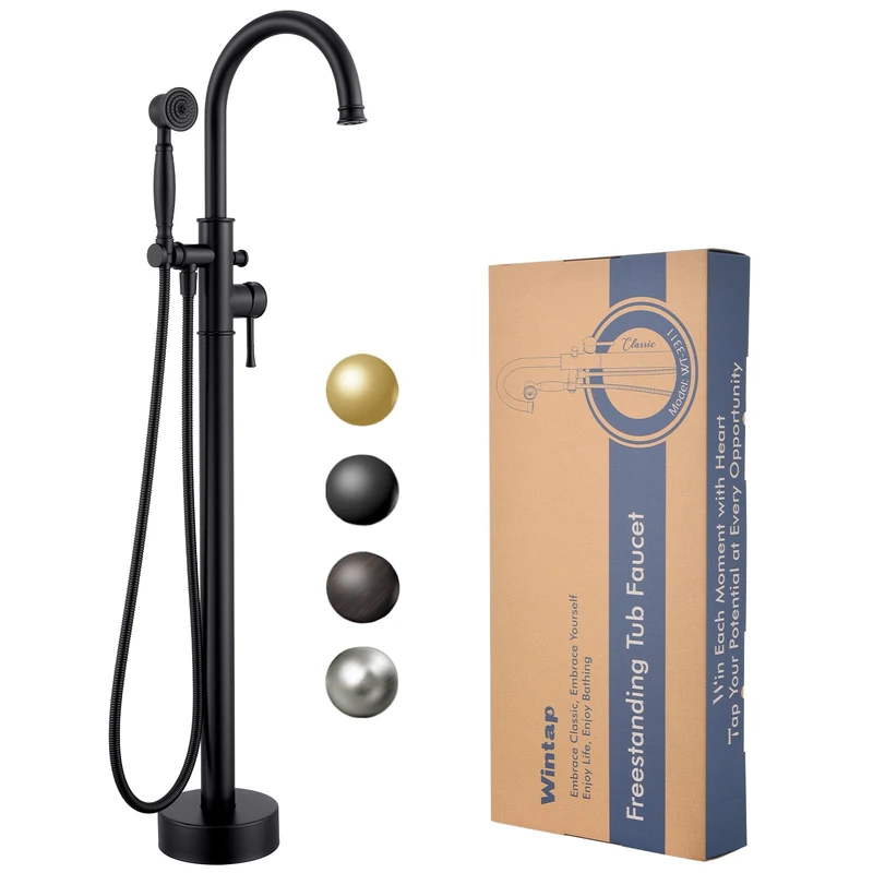 Freestanding Bathtub Faucet Bathroom Floor Mounted Bath Filler Brass High Flow Swivel Spout and Handheld Shower Matte Black (WT-3311-BK)