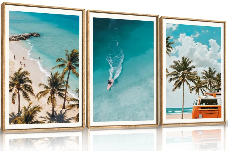 LHIUEM Large Nature Surfboard Beach Framed Canvas Wall Art,Summer Ocean Surfing Wall Decor,Palm Trees Wall Painting,Modern Picture Artwork for Living Room,Bedroom,Dining Room,Office -24"x36"x3