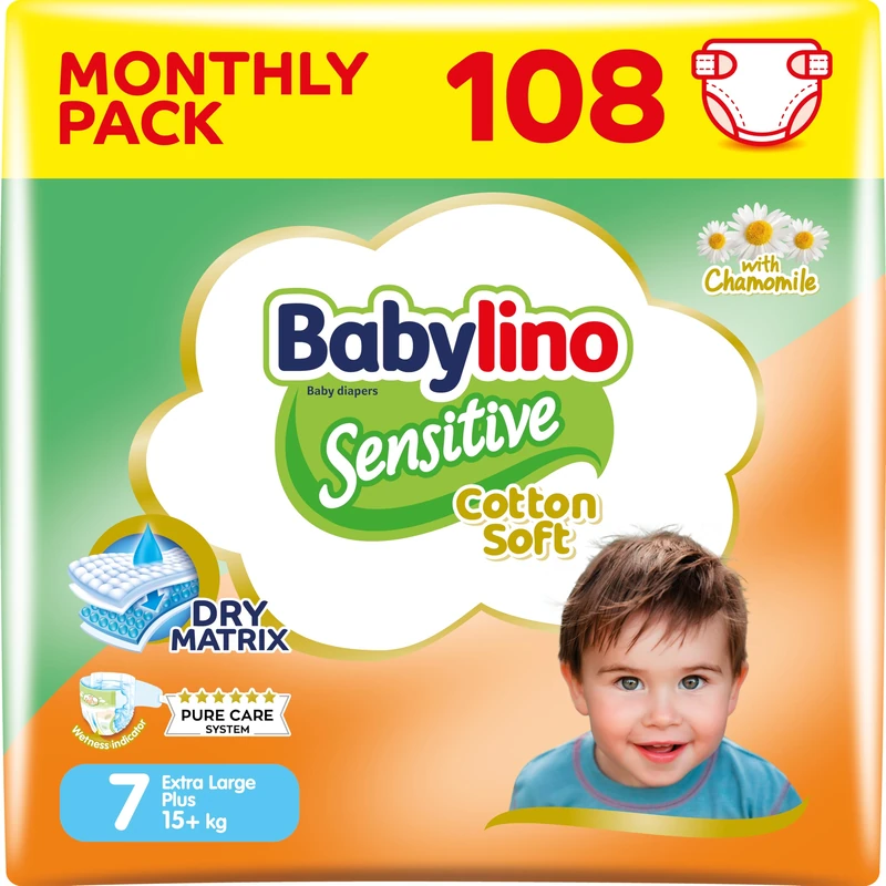 Babylino Sensitive Cotton Soft Nappies Size 7, Extra Large Plus (15+kg), 108 Units