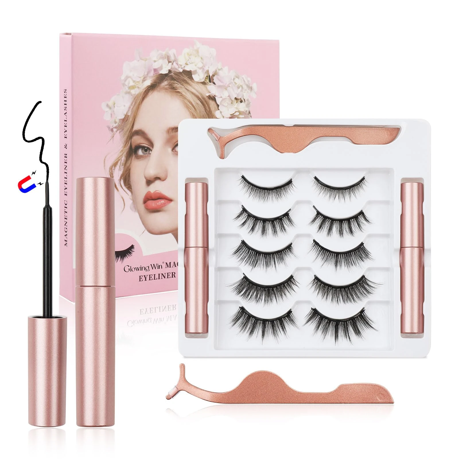 Glowing Win Magnetic Eyelashes 5 Pairs Magnetic Lashes Kit with 2 tubes of Magnetic Eyeliner & Tweezers Reusable Eye Lashes Natural False Eyelashes No Glue Needed