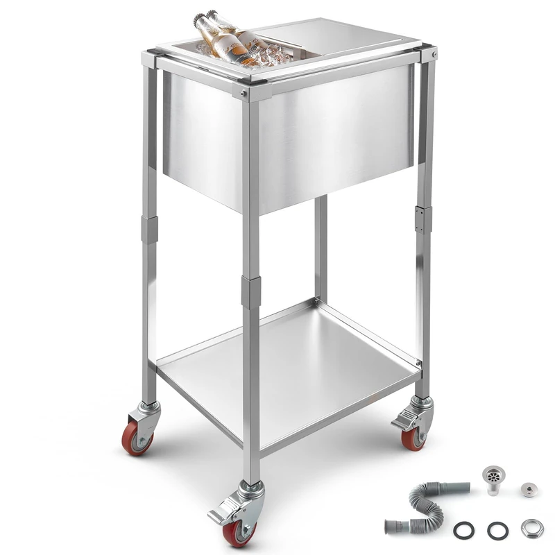 VEVOR Rolling Ice Chest Cooler Cart, 20"L x 14"W x 38"H (510 x 360 x 970 mm) Stainless Steel Cooling Bin on Wheels, 28L Outdoor Stand Up Cooler Trolley with Shelf, for Patio Backyard Party Bar