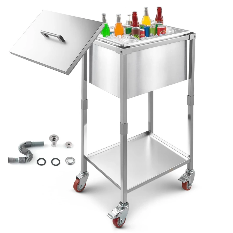 VEVOR Rolling Ice Chest Cooler Cart, 22"L x 16"W x 38"H (553 x 405 x 970 mm) Stainless Steel Cooling Bin on Wheels, 31L Outdoor Stand Up Cooler Trolley with Shelf, for Patio Backyard Party Bar