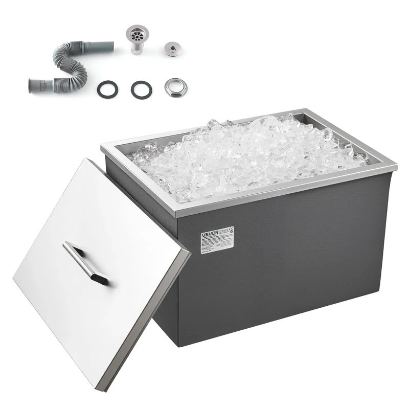 VEVOR Drop in Ice Chest, 20"L x 14"W x 12"H (508 x 355 x 306 mm) Stainless Steel Drop in Cooler, 30L Commercial Ice Bin with Pot Lid for Outdoor, Drain-pipe Set Included, for Cold Wine Beer