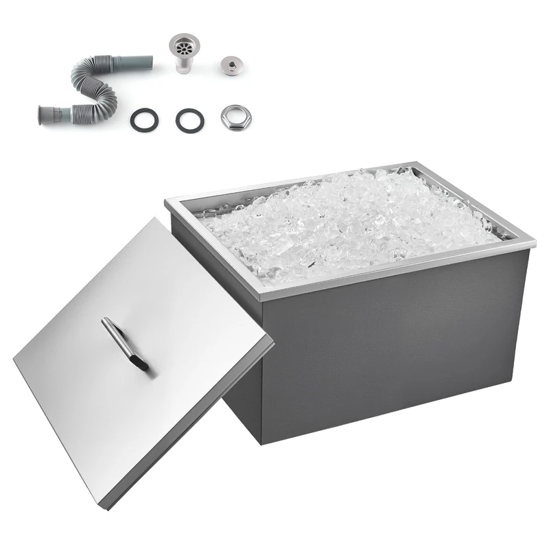 VEVOR Drop in Ice Chest, 22" L x 17" W x 12" H (558 x 430 x 310 mm) Stainless Steel Drop in Cooler, 42.9L Commercial Ice Bin with Pot Lid for Outdoor, Drain-Pipe Set Included, for Cold Wine Beer