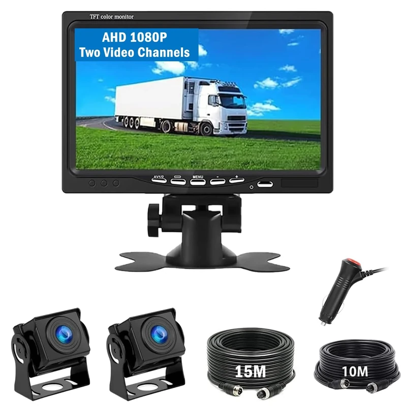 Car Reversing Camera Kit, 7 Inch HD Dash Monitor with 2 Reverse Camera, Rear View System 12V-24V, Waterproof Night Vision Rear Parking Camera for Van Trailer Motorhome Caravan Camper