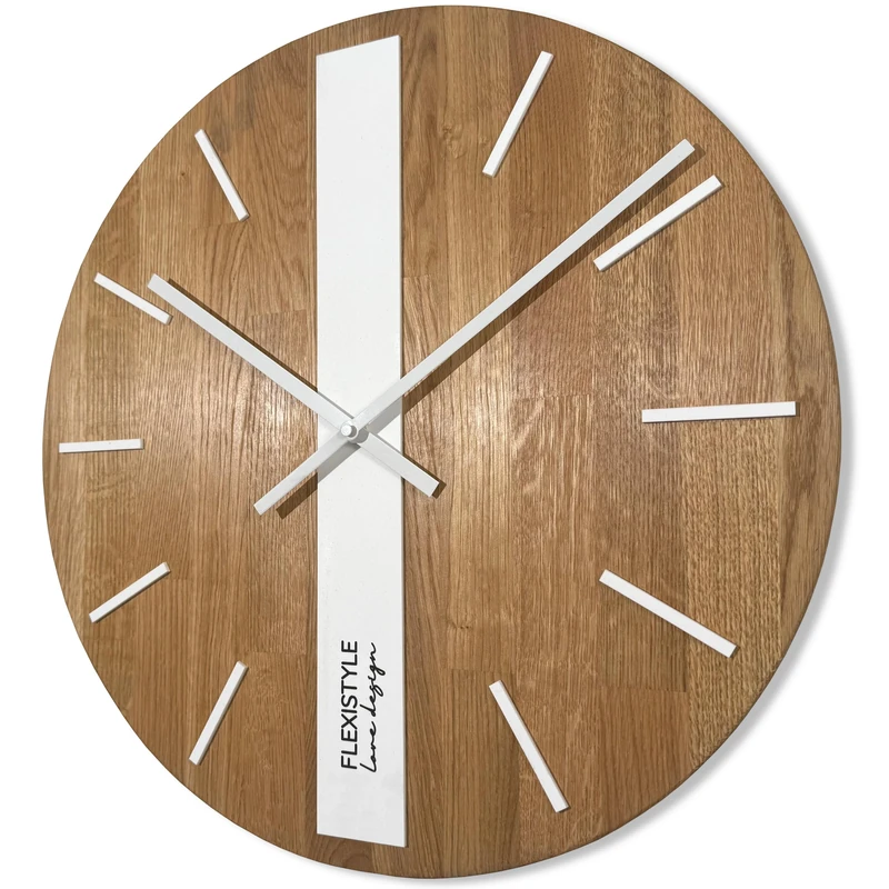 FLEXISTYLE Modern Wall Clock without Ticking Noises Modern Wall Clocks Wood Bathroom Living Room Oak (White Round, 50 cm) - Image 1