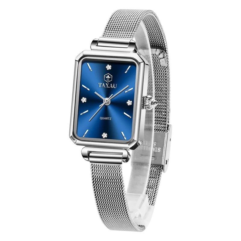 Taxau Ladies Silver Watch Blue Face Womens Watches UK Square Waterproof Bracelet Watches for Women Quartz Analogue Wrist Watches for Women