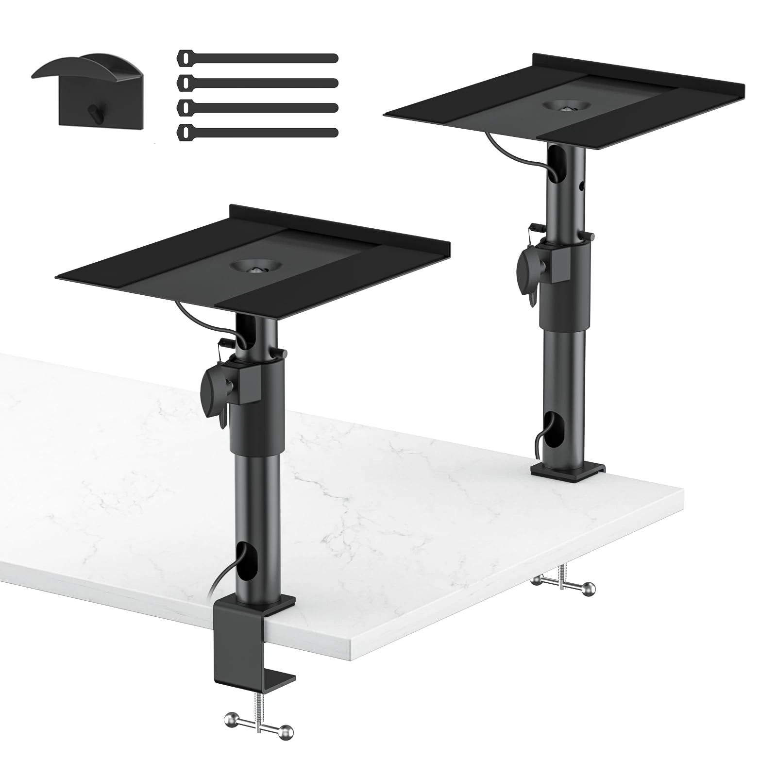 Clamp-on Desktop Speaker Stands Pair for LG, Sony, Vizio, Klipsch, Samsung, JBL Speaker Stand Desk - Adjustable Desk Speaker Stands for Most Satellite & Bookshelf Speaker Stands Wr Cable Management