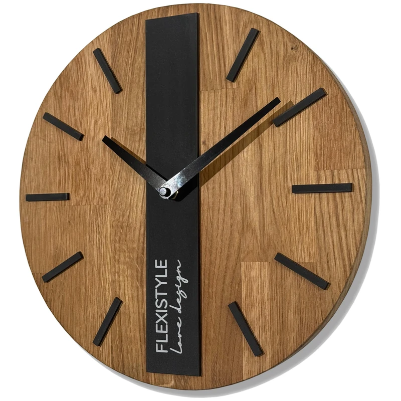 FLEXISTYLE Modern Wall Clock without Ticking Noises Modern Wall Clocks Wood Bathroom Living Room Oak (Black Round, 30 cm)