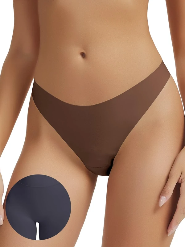 Leovqn Seamless Thongs for Women No Show Thong Panty Liners Invisible Panties Cotton Breathable G-Strings Underwear Coffee