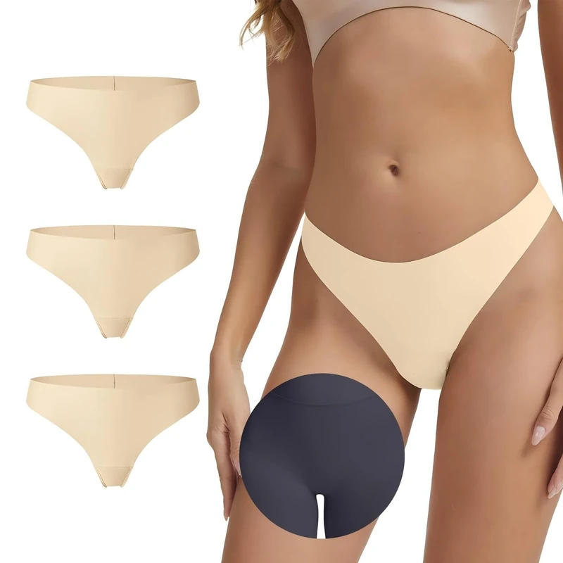 Leovqn 3 Pack Seamless Thongs for Women No Show Thong Panty Liners Invisible Panties Cotton Breathable G-Strings Underwear