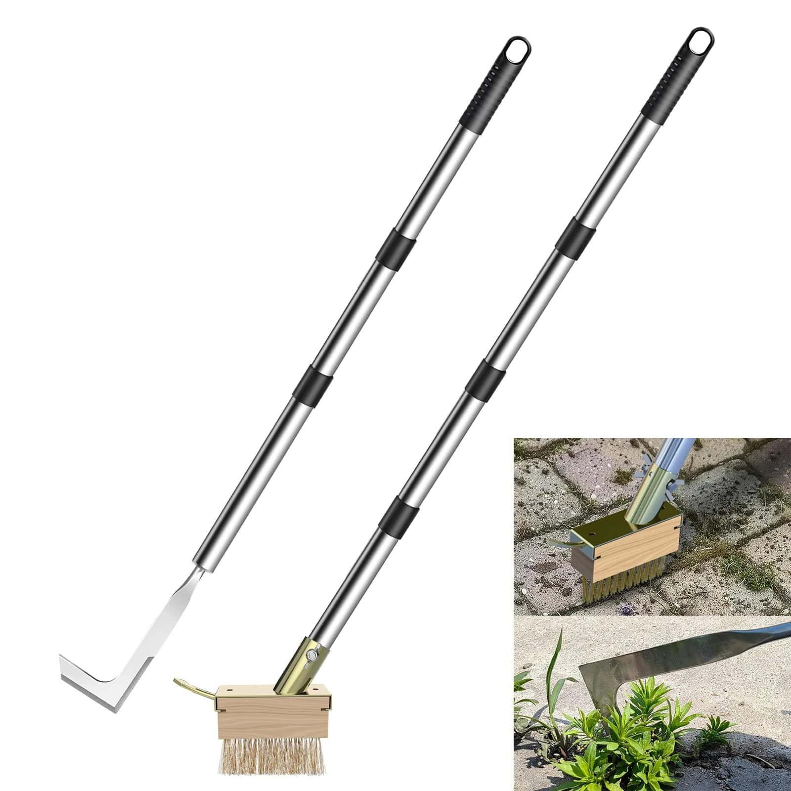 Crack Weeder Tool Set with 2 Weed Brush Heads,Manual Stainless Steel Crevice Weeding Tool with Adjustable Handle for Weed Removal in Driveways, Pavers, Garden Cracks, Patios, Decks