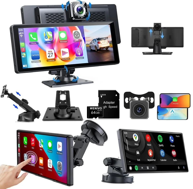 10.26" Touchscreen Wireless IOS CarPlay Android Auto Portable Screen Car Van Stereo 4K Front Rear Camera Dashcam Audio Receiver GPS Bluetooth FM AUX Voice Control 64GB (10.26" with Dual Cameras)