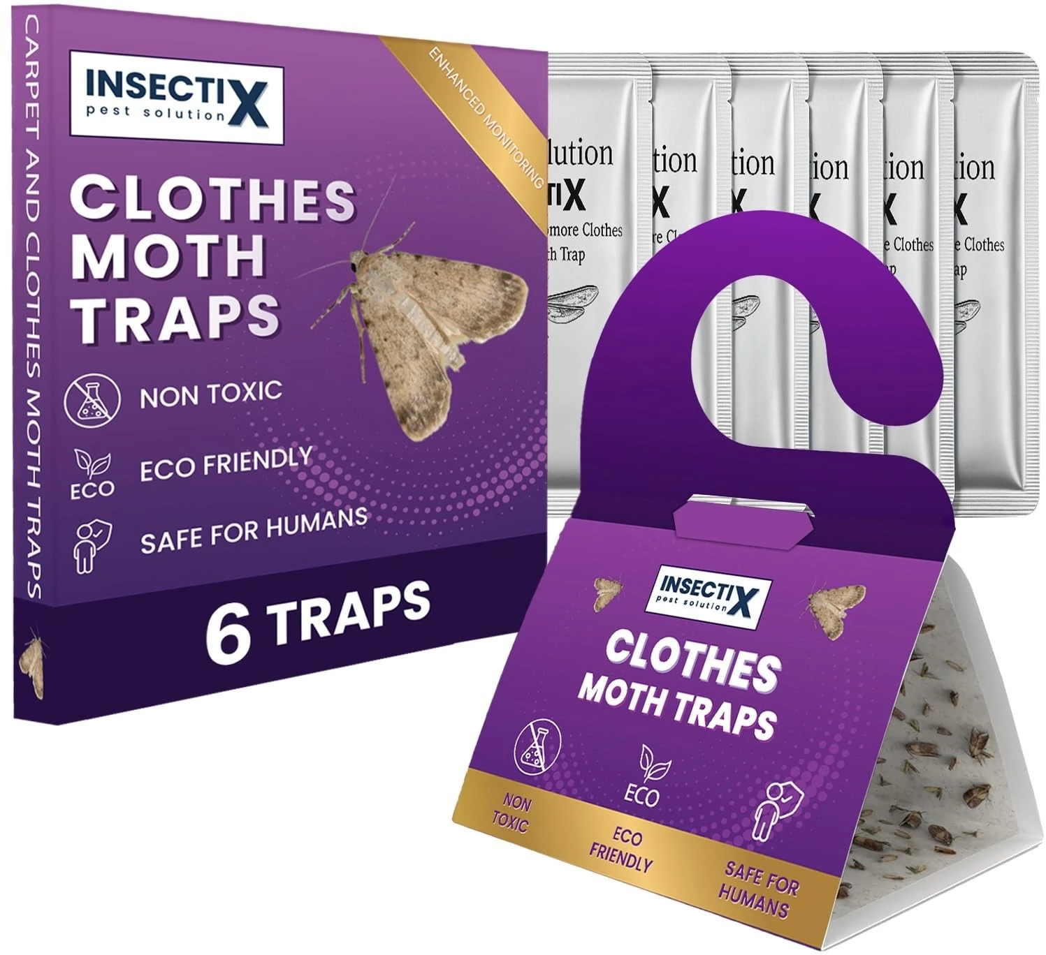 InsectiX Premium Clothes and Carpet Moth Monitoring Traps – 6 Pack, Non-Toxic Odourless Pheromone Pads for Wardrobes, Drawers, Carpets & Storage – Safe for Homes with Pets & Children