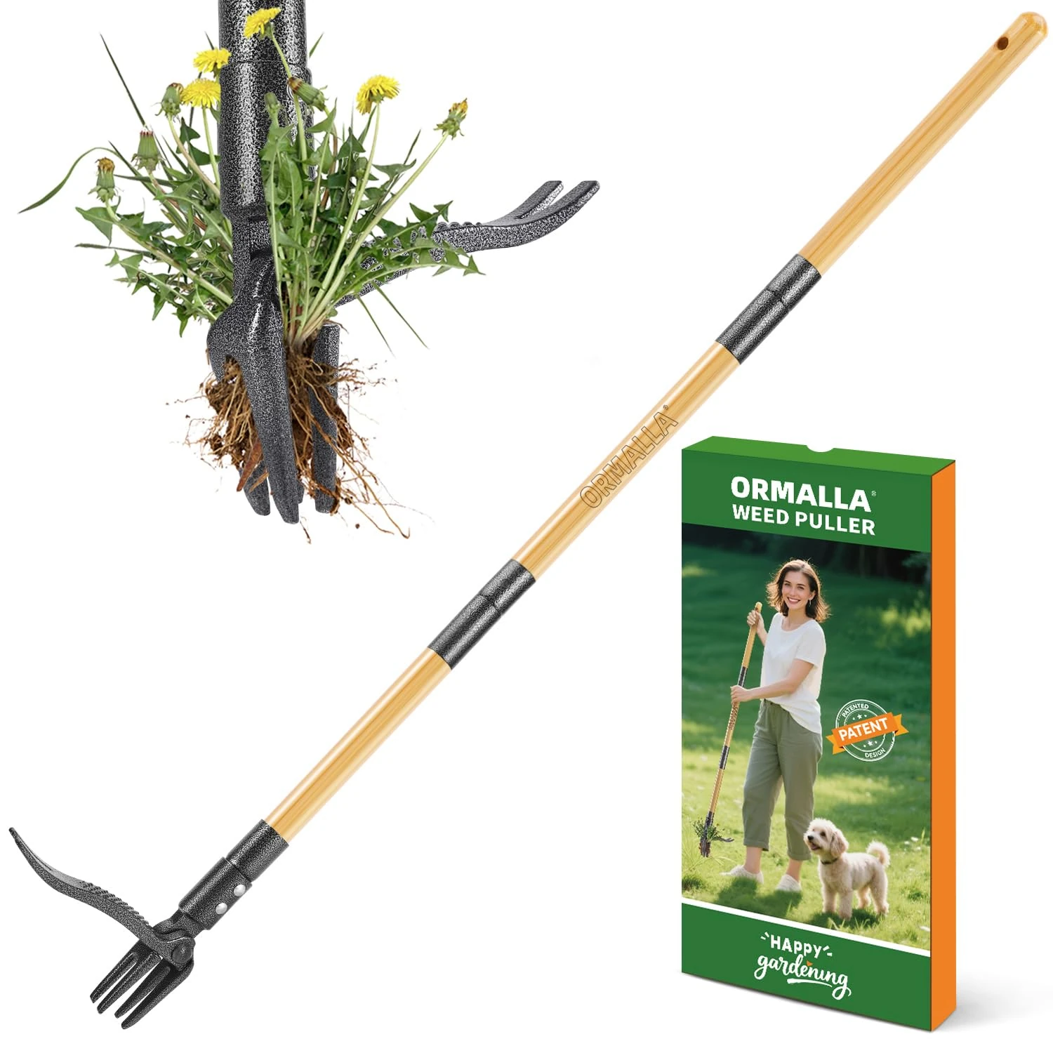 Ormalla Weed Puller, 1.1m Long Handle Weed Remover Tool, Dandelion Removal Tool, Natural Bamboo Handle and 4 Claws, Stand Up Garden Weed Root Remover, Pet Friendly [Upgrade]