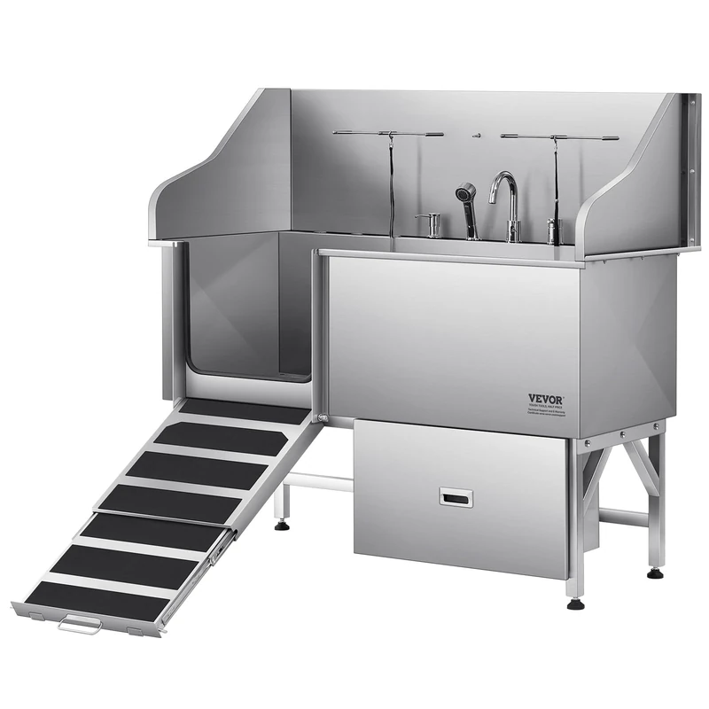 VEVOR Stainless Steel Dog Washing Station, 154.94 cm Pet Grooming Tub w/Ramp, Water Filter Board, Faucet & Showerhead & Leash Dog Bathtub for Large & Medium & Small Pets (Left Door)