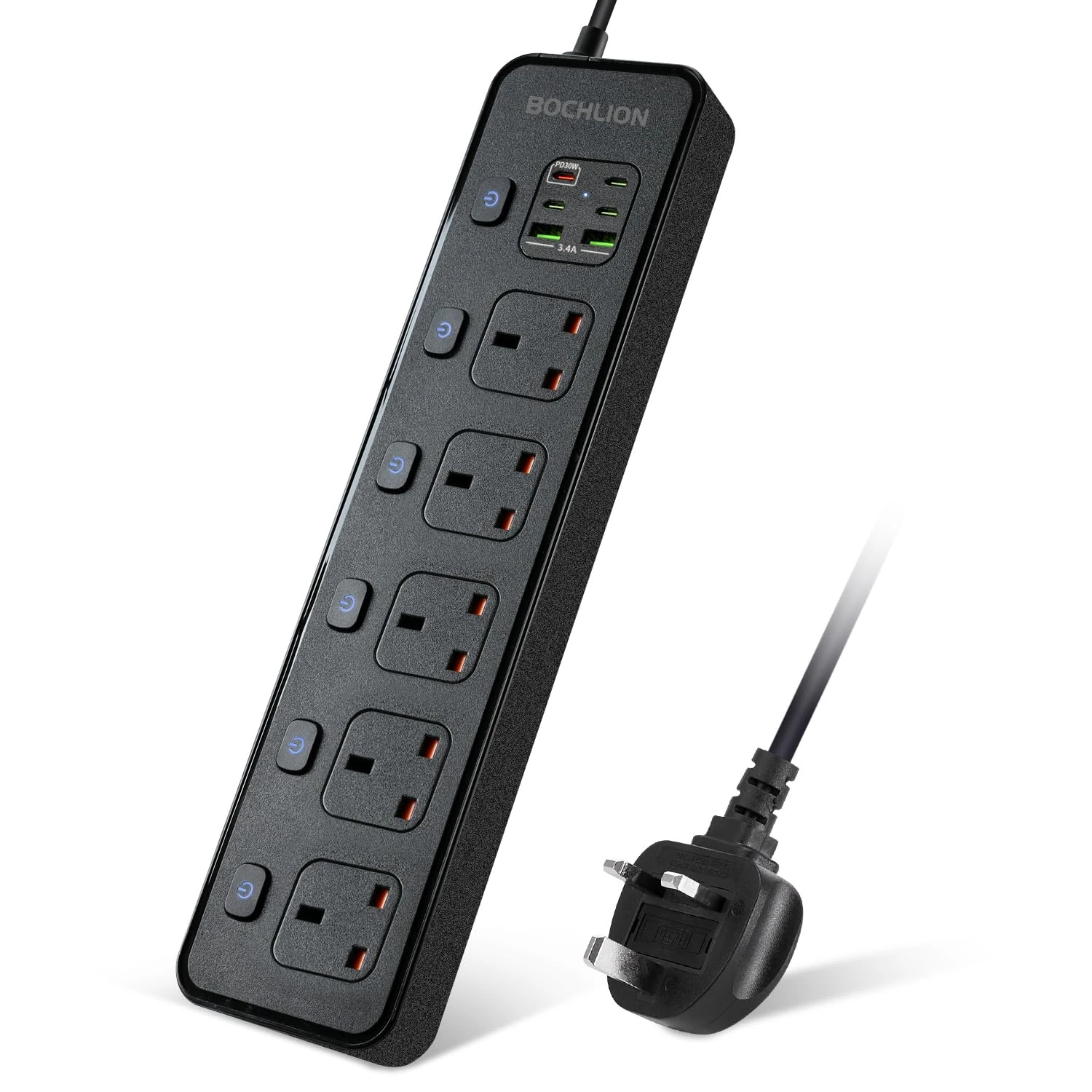 BOCHLION Extension Lead with 6 USB Slots, 5 Way Plug Extension Socket Surge Protection Power Strip with PD30W USB C Slot, Independent Switches and 2M Extension Cord Wall Mounted for Home Office-Black