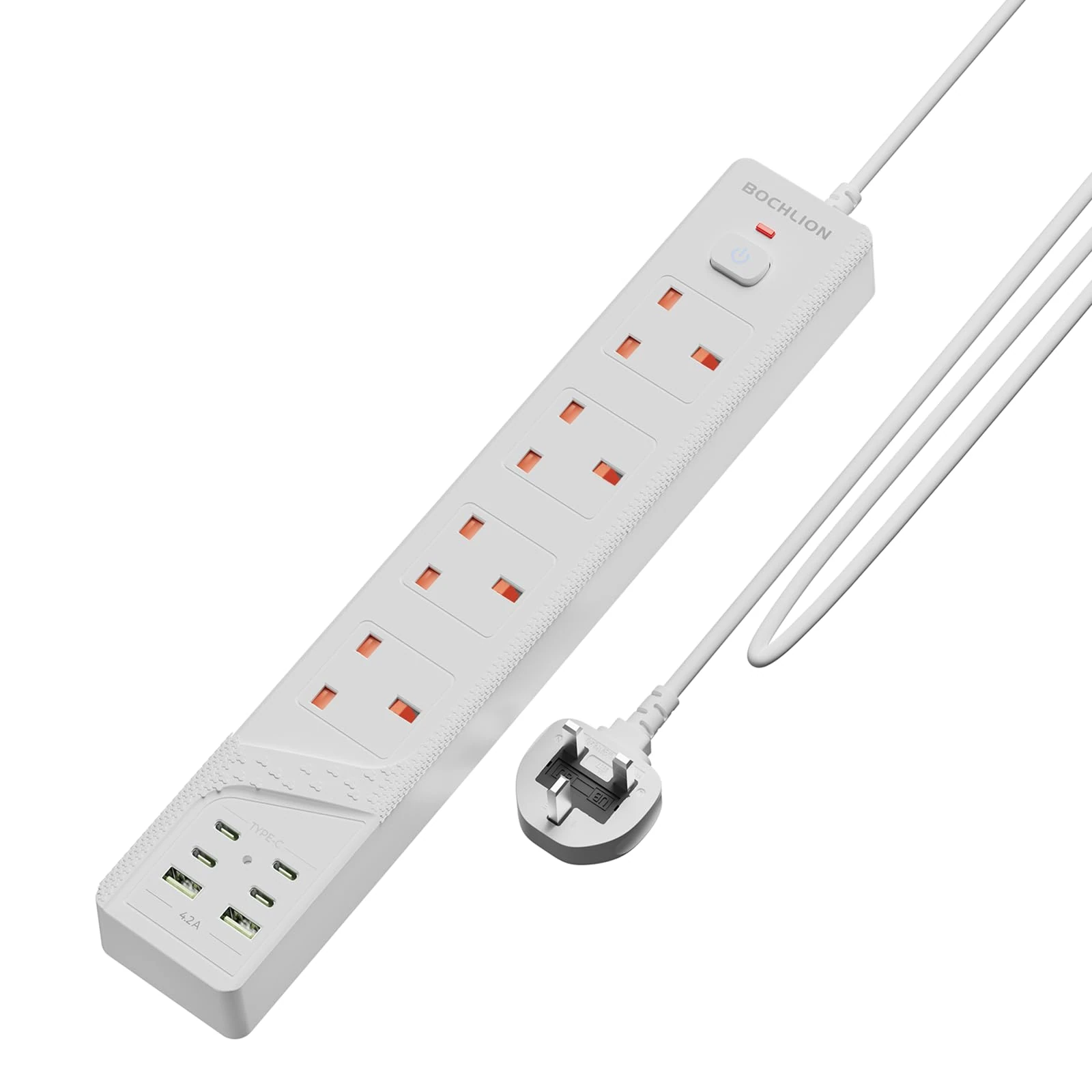 BOCHLION Extension Lead with USB Slots, 4 Way Outlets Power Strip with 6 USB Ports, 4 Ports USB C + 2 Ports USB A, 2M Extension Cord Wall Mounted for Home Office - White