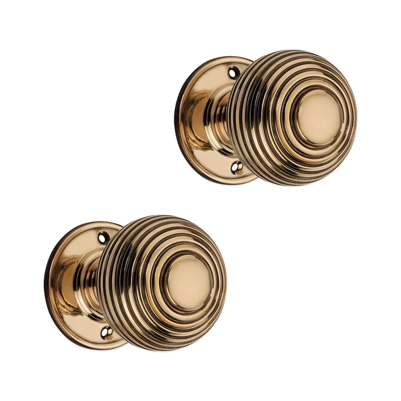 Infinity Decor Pair of Solid Brass Beehive Mortice Door Knobs in Aged Brass Finish 60mm - Round Pull Handles Set Ideal for Internal and External Doors