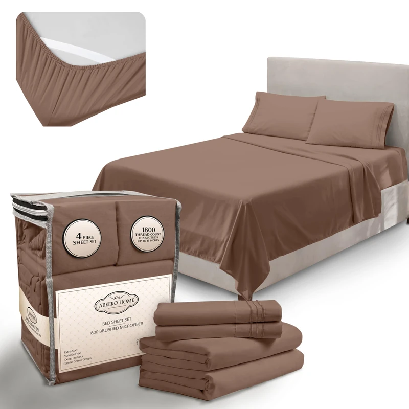 Abeero Home King Size Sheets Set Cooling - Luxury Hotel Sheets - Soft Bed Sheets with Elastic Corner Straps - Deep Pockets Microfiber Bedsheet - Bedding Sheets & Pillowcases - 4 Piece (King, Brown)