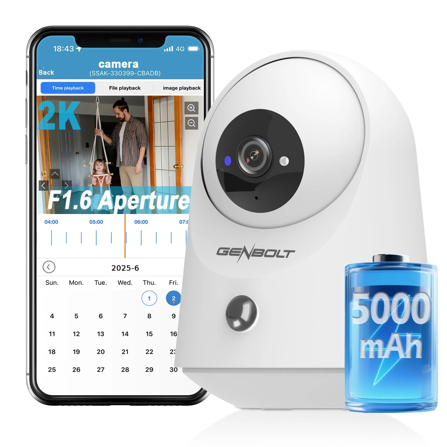 GENBOLT 2K WiFi Indoor House Security Camera Wireless, Pan Tilt Pet Camera with 5000mAh Battery Powered, IP Camera CCTV Nanny Dog Cam Baby Monitor with PIR Detection