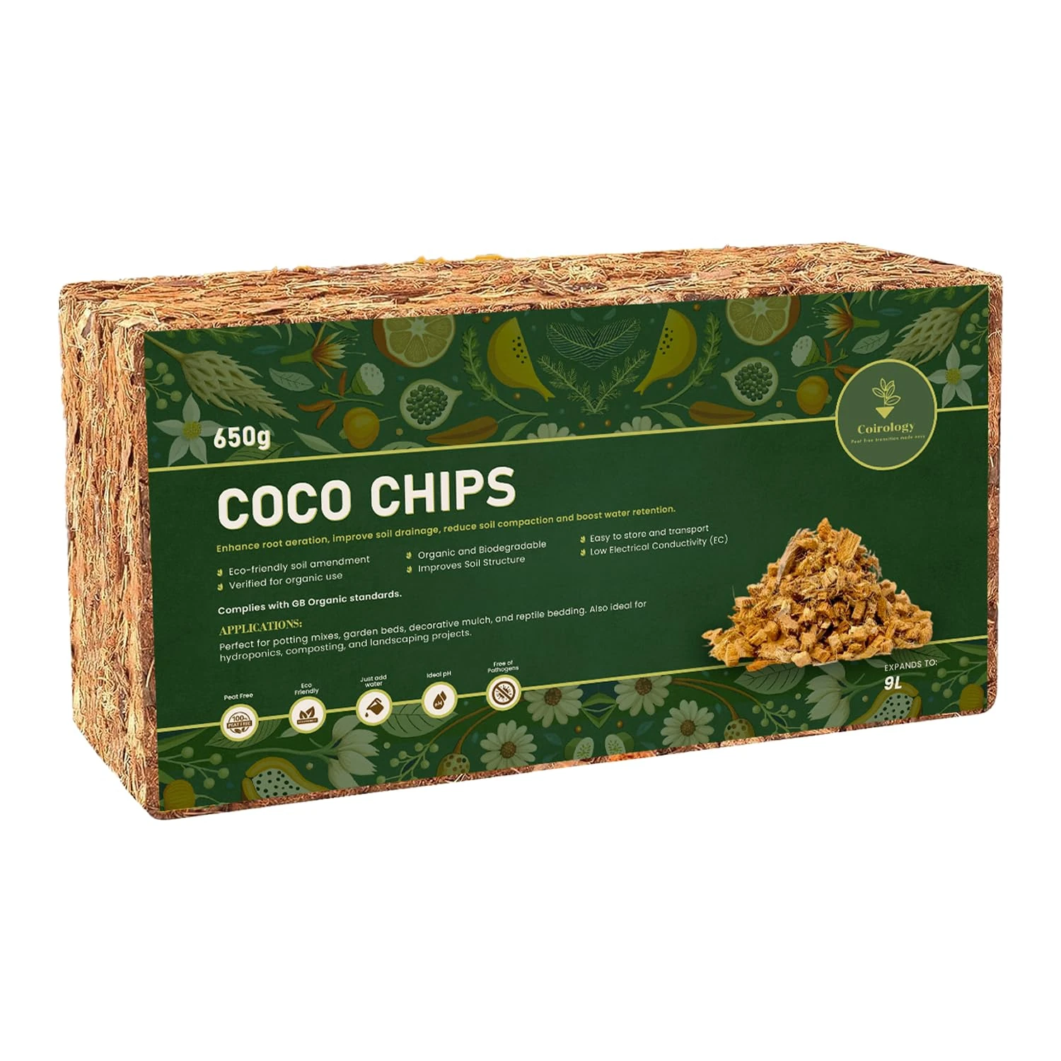 COIROLOGY Coco Coir Chips 650g | 100% Natural pH Balanced Compressed Coconut Husk Compost Brick | Peat Free Organic Outdoor & Indoor Plant Potting Soil For Orchids, Mulch, Hydroponics, Reptile Bedding