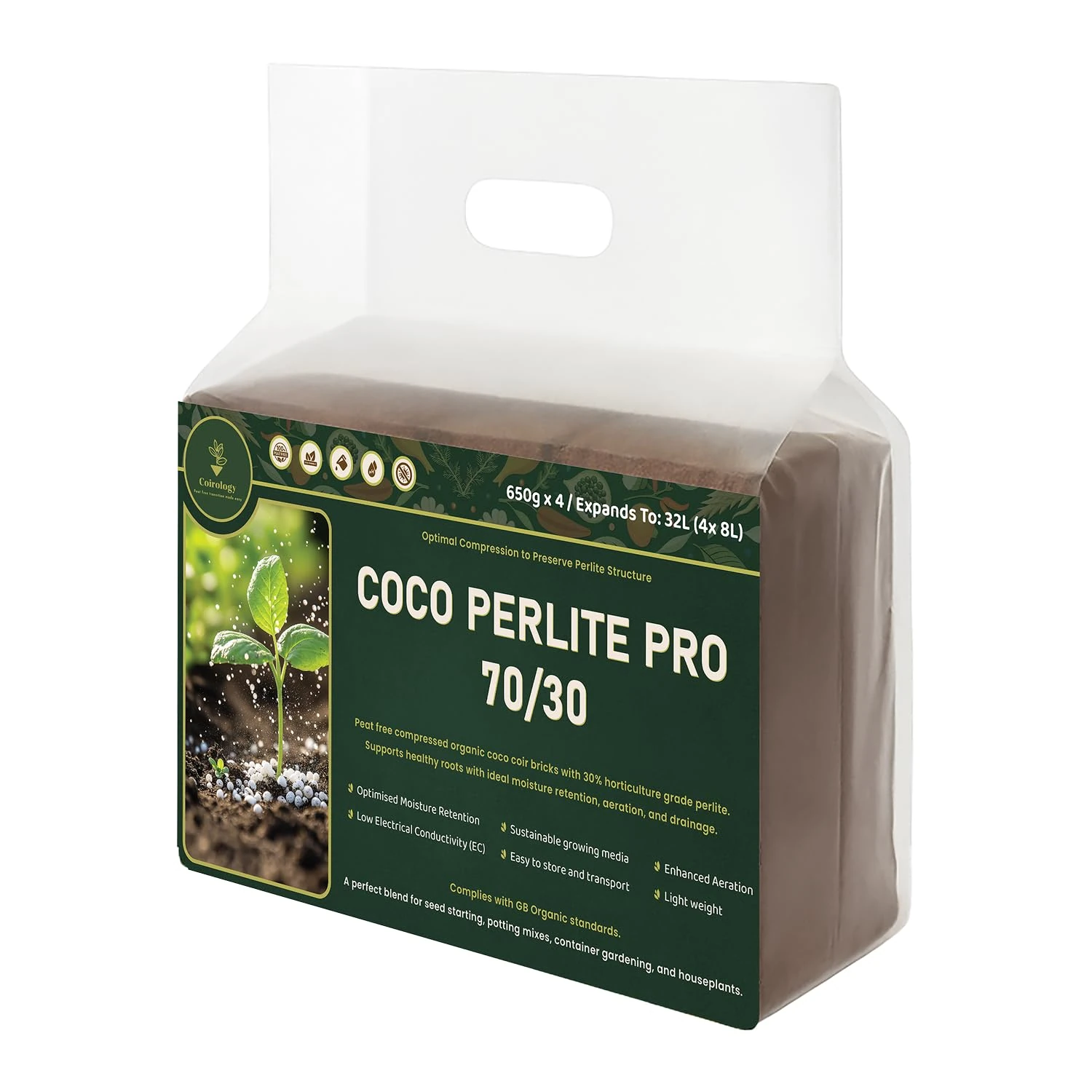 COIROLOGY Coco Coir Perlite Pro 70/30 Mix 4 x 650g | 32L pH Balanced Coconut Fiber Growing Medium For Strong Roots | Peat Free Substrate for Hydroponics & Gardening | Organic Potting Soil Compost