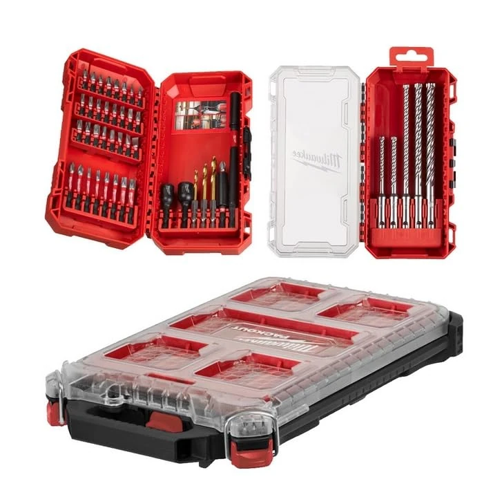 Milwaukee 4932499761 45 Piece PACKOUT Compact Slim Organiser Shockwave Impact Driver & SDS-Plus MX4 Drill Bit Accessory Set