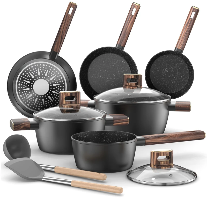 Pan Set 11-Piece Cooking Pot Set Induction Non-Stick Cookware Pots Set Made of Aluminium, Pan 20/28 cm, Deep Frying Pan 24 cm, Cooking Pots with Lid 16/20/24 cm, PFOA-, PFOS-Free Topbooc