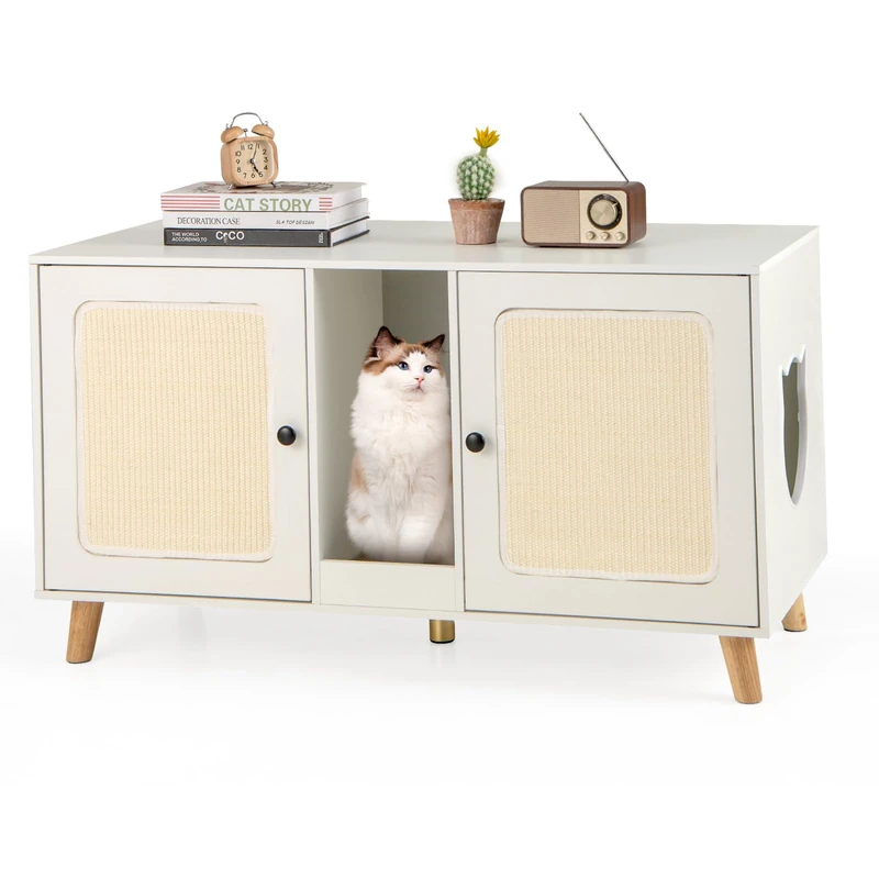 GYMAX 2-Door Cat Litter Box Enclosure, Large Hidden Privacy Kitty Washroom Furniture Cabinet with Winding Entry and Scratching Board, Indoor Cat House TV Stand Side Table (White)