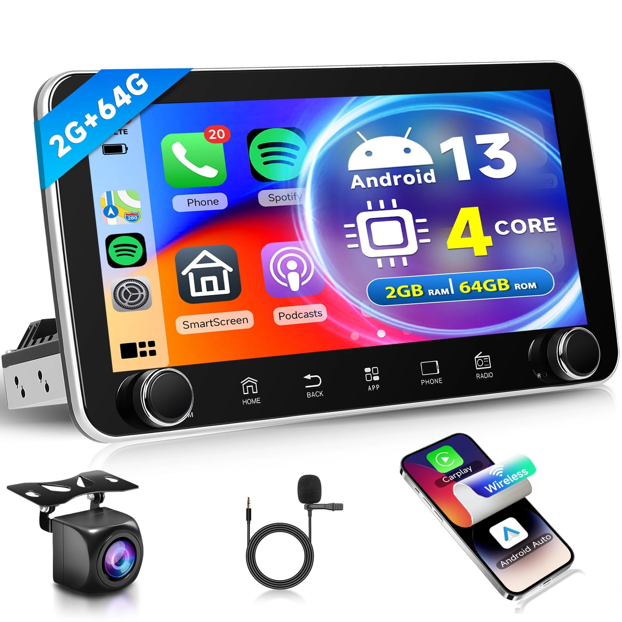 Rimoody 2G+64G Android Single Din Car Stereo with Wireless Carplay Android Auto 1 DIN 10.36 Inch Touch Screen Bluetooth Car Radio GPS WiFi FM RDS Radio Mirror Link Backup Camera