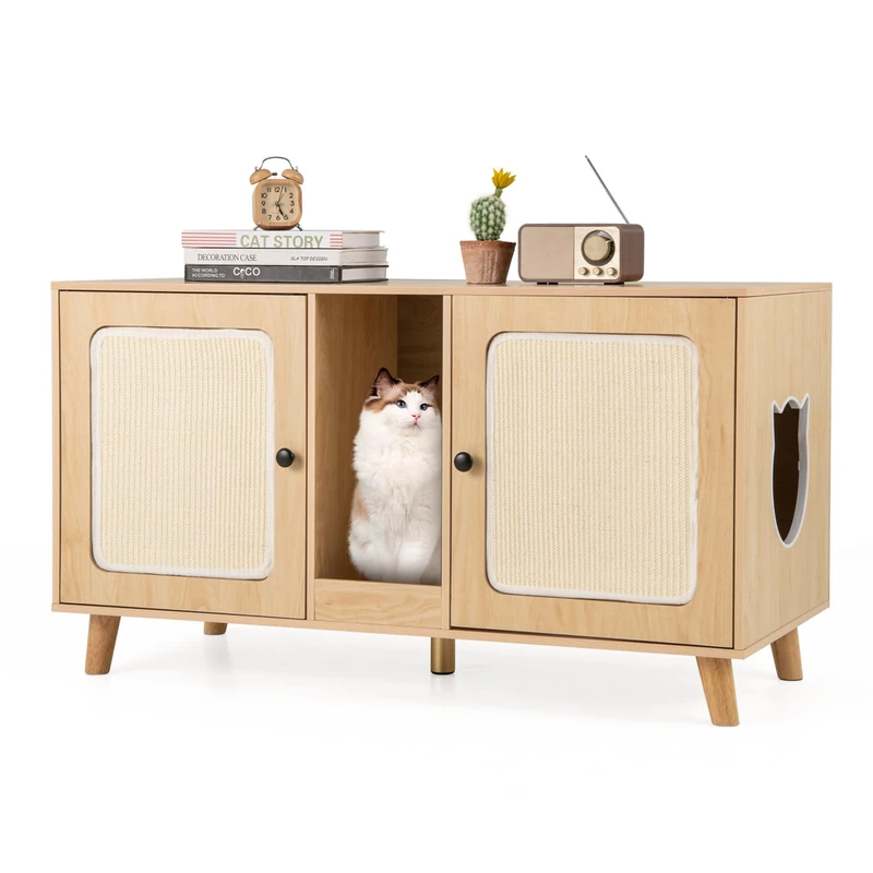 GYMAX 2-Door Cat Litter Box Enclosure, Large Hidden Privacy Kitty Washroom Furniture Cabinet with Winding Entry and Scratching Board, Indoor Cat House TV Stand Side Table (Natural)