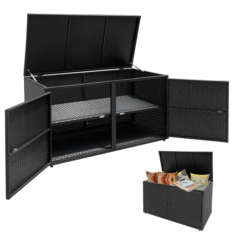 GiantexUK 330L Garden Storage Box, Weatherproof Rattan Deck Box with 2 Shelves, Pneumatic Rod & Handles, Outdoor Utility Chest Container for Patio Poolside Cushions Pillows Tools Toys (Black)