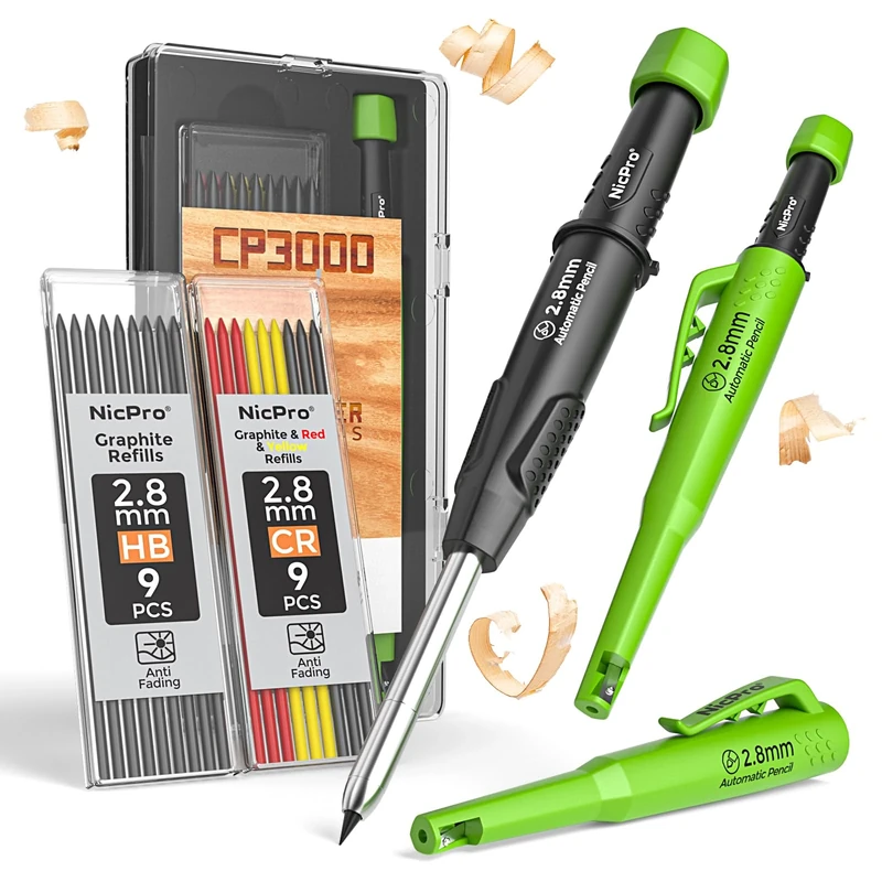 Nicpro CP3000 Carpenter Pencil - Deep Hole Marker Sharpener 19 Refills