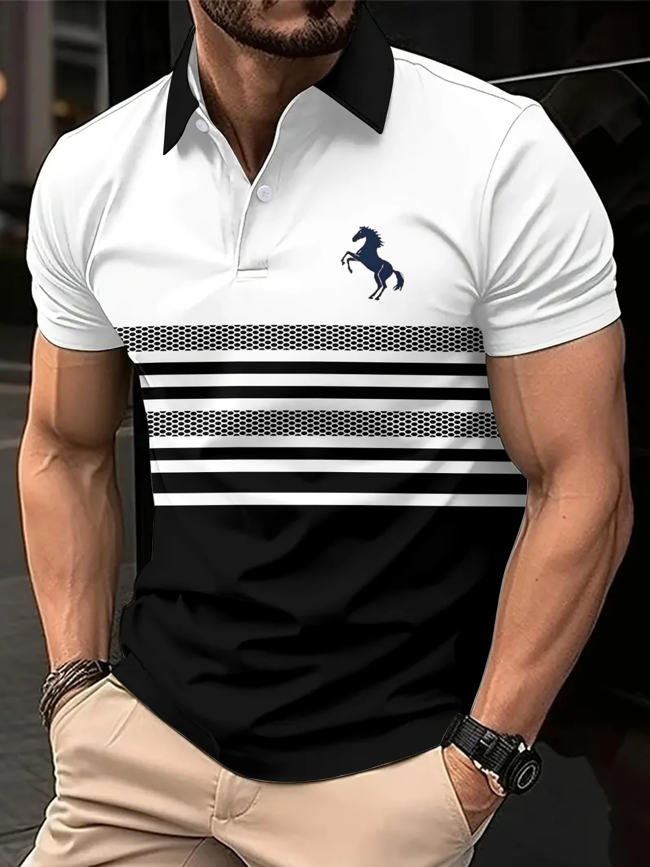 Men's 3D Print Polo Shirts Short Sleeve, Quick Dry Striped Golf Polo Shirts, Lightweight Casual Collared T Shirt for Summer, White, Medium