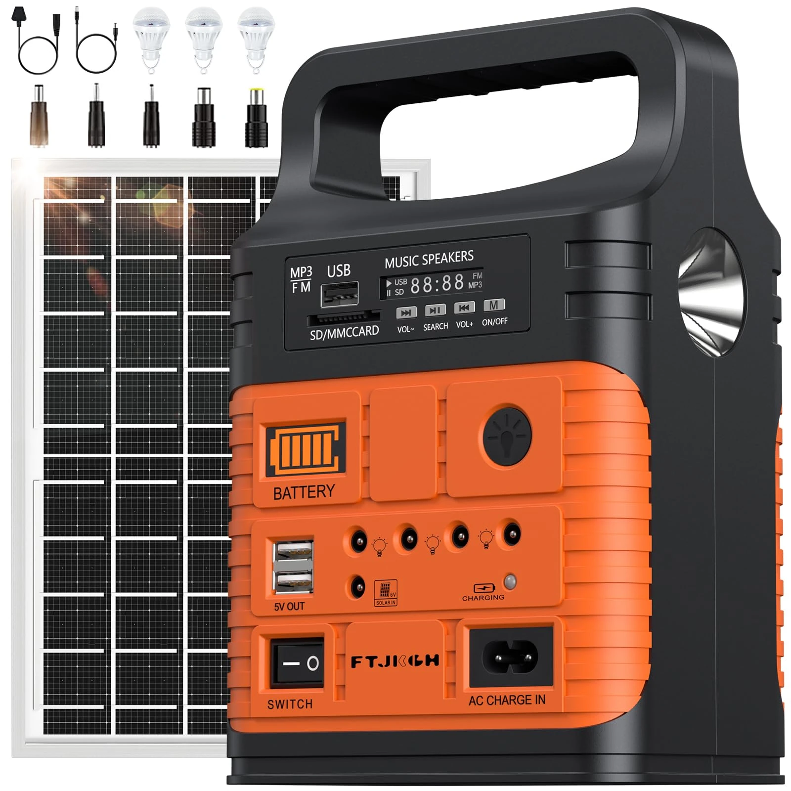 20000mAh Portable Power Station, Power Station with Solar Panel, Bluetooth, FM Radio, LED Flashlight, Expansion SD Card, Camping Power Bank for Home, Road Trips, Fishing