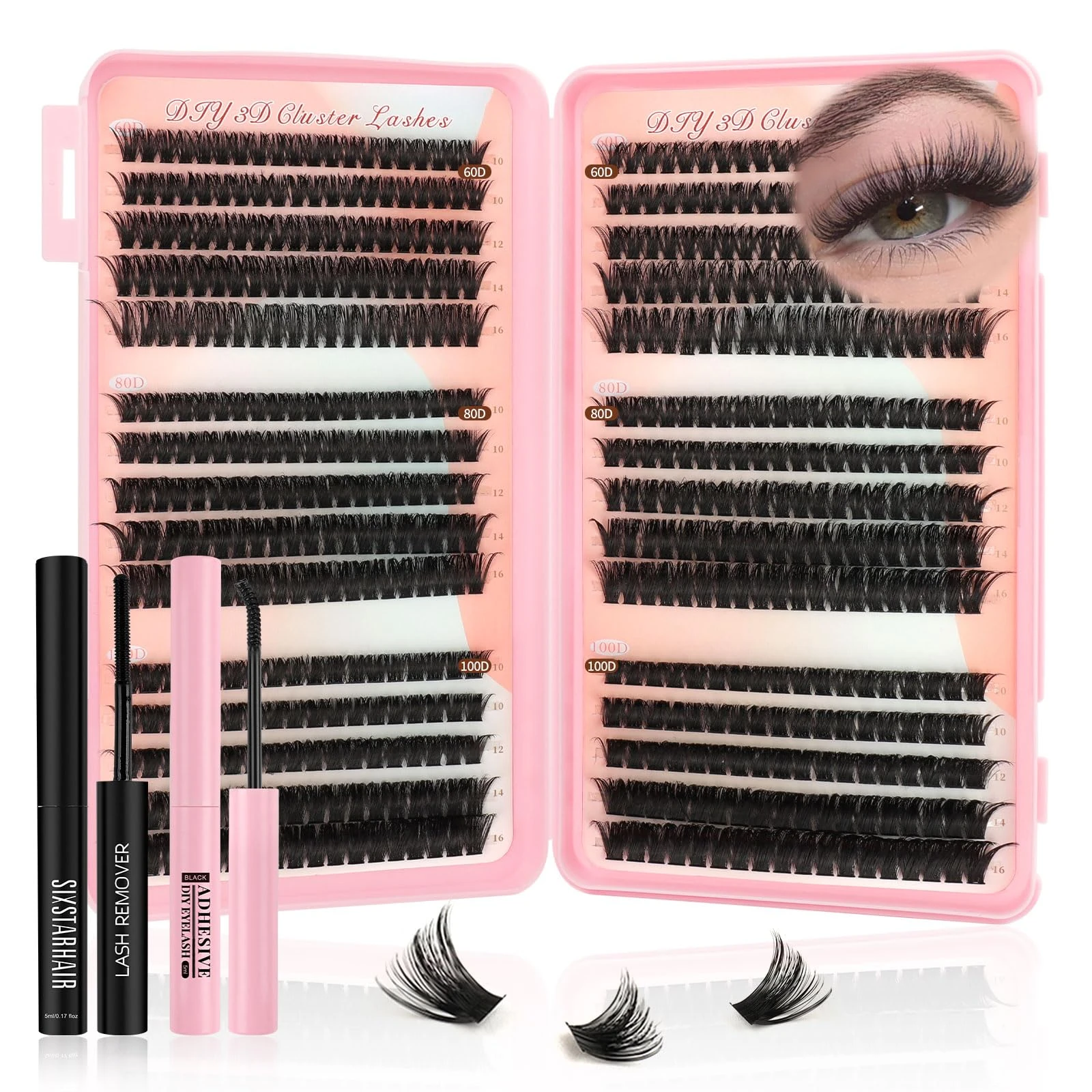Sixstarhair Cluster Lashes Kit 580Pcs Individual Eyelashes Book Natural Eye Lashes Book with Glue and Remover 10-16mm Eyelash Clusters D Curl Volume DIY Eye Lashes Extension kit (60+80+100D)