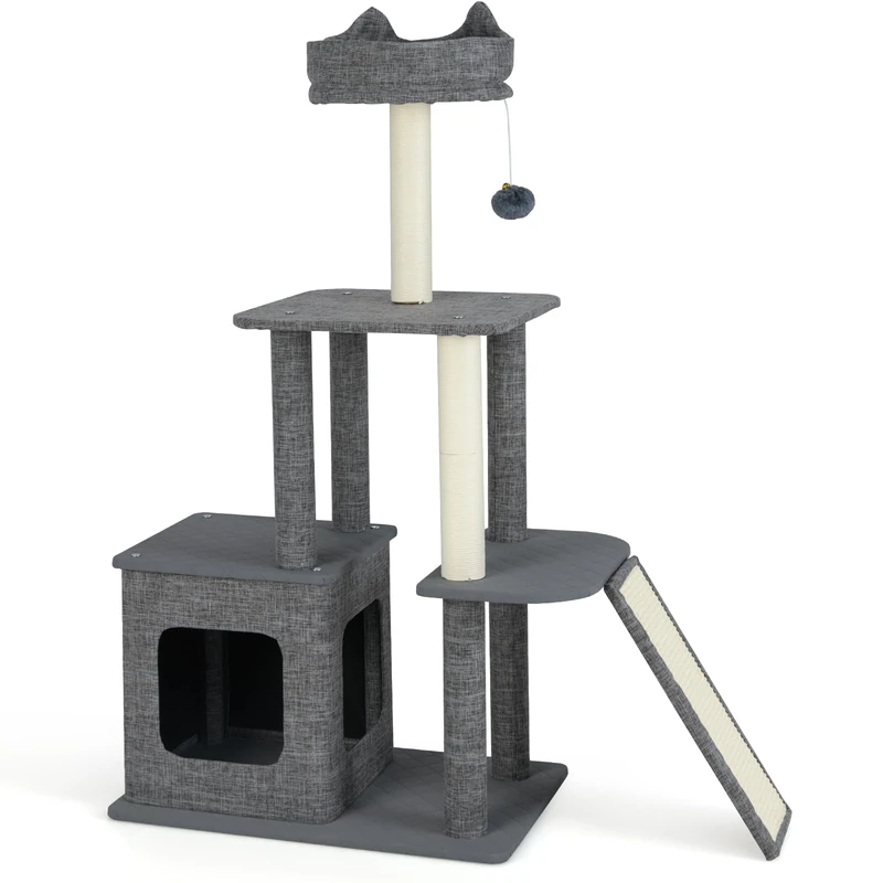 GYMAX Cat Tree, 117 cm Multi-Level Cat Tower with Sisal Scratching Posts & Ramp, Removable Condos, Perch, Dangling Balls, Modern Kitty Climbing Tower for Indoor Cats - Image 1