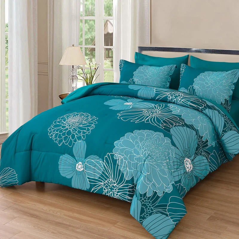 Yiran Full Comforter Set,Teal Elegant Floral Print Bed in a Bag 7 Pieces Comforter,Ultra Soft & Breathable Soft Microfiber Boho Bedding Set with Flat Sheet Fitted Sheet Pillowshams Pillowcases