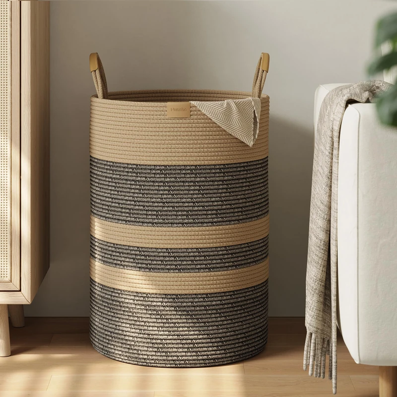 Nunsino 95L Striped Laundry Hamper with Leather Handles,Large Foldable Laundry Basket for Clothes,Cotton Rope Storage Bin for Blankets,Woven Clothes Basket for Bedroom,Dark Brown Stripes