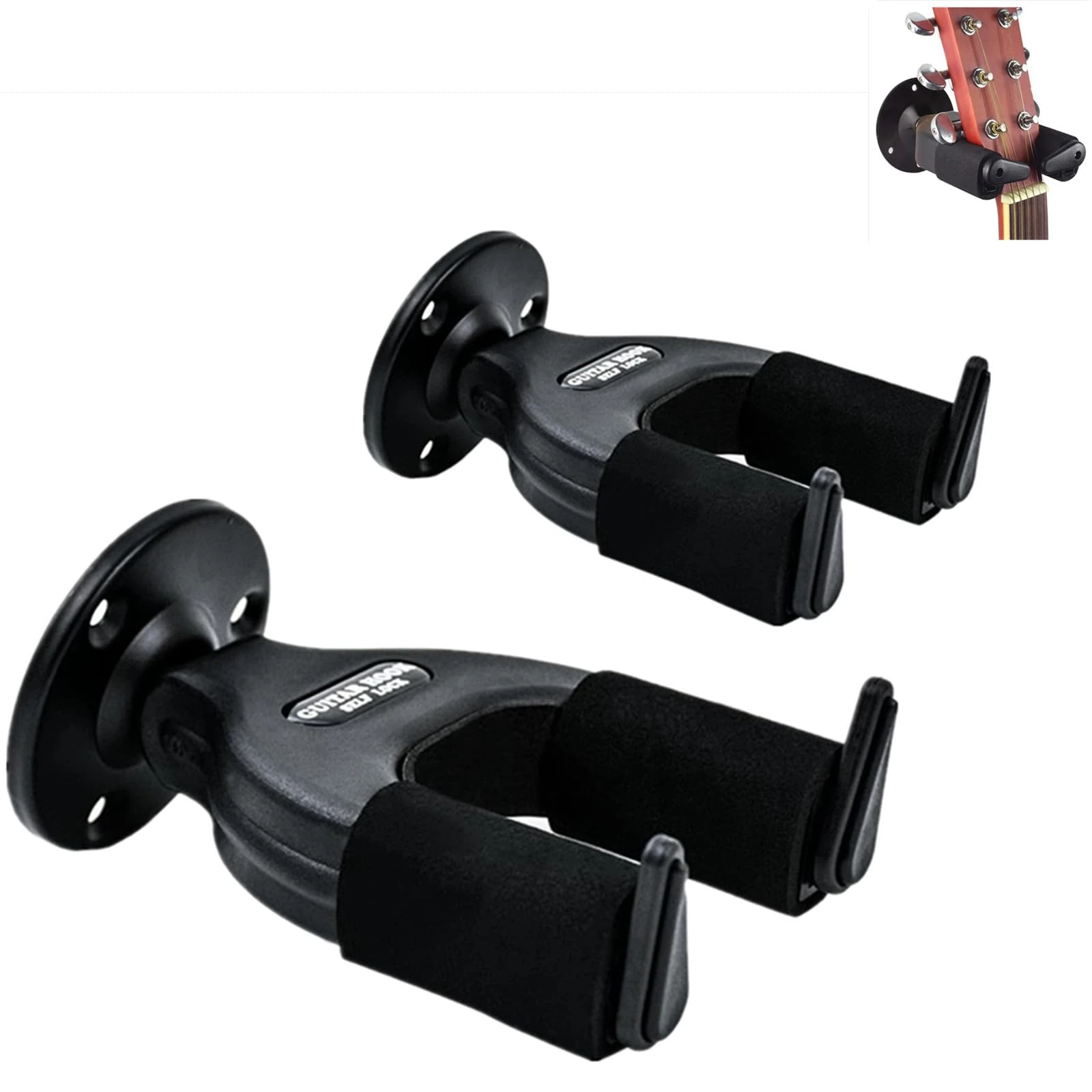 Surplex Guitar Wall Mount Hanger with Auto Lock - Adjustable Universal Hook Holder Stand for Acoustic, Electric, Bass Guitars, Banjo, Mandolin, Ukulele & More - Black-2 Pack