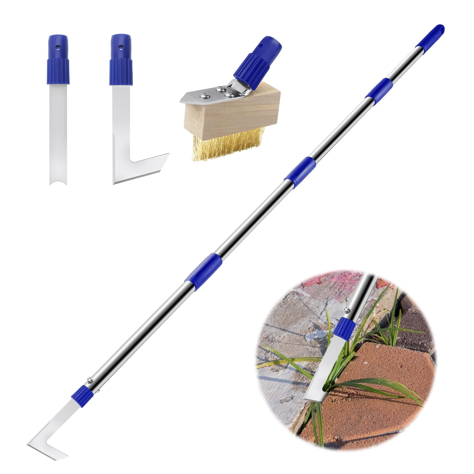 Patio Weed Remover Tool with Long Handle, Weed Scraper and Weed Wire Brush Set Combo, 60" Block Paving Weeding Tool to Remove Weeds and Moss, 3 Different Weeder Tools Heads for Garden, Patio, Driveway