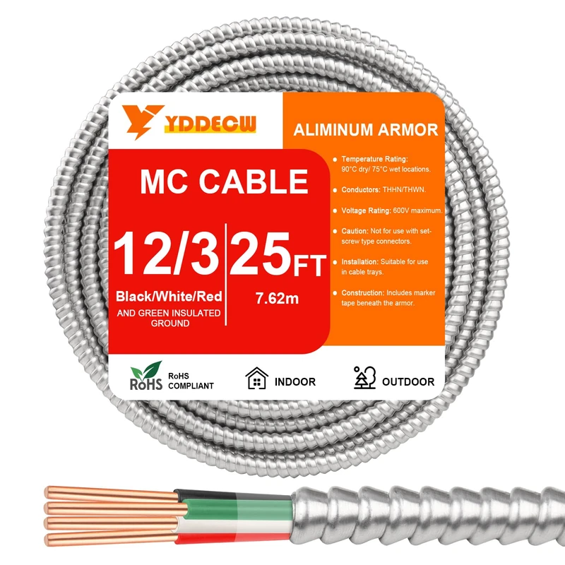 25ft 12/3 Metal Clad (MC) Cable with Ground, 10 Gauge Electric Wire with Aluminum Armor, Solid Bare Copper Conductors for Indoor Outdoor Underground Embedded Installation (12/3, 25 ft)